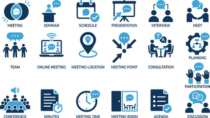 Meeting icon set, professional interaction symbols, business graphics, planning visuals, team collaboration tools, blue theme, agenda and discussion elements