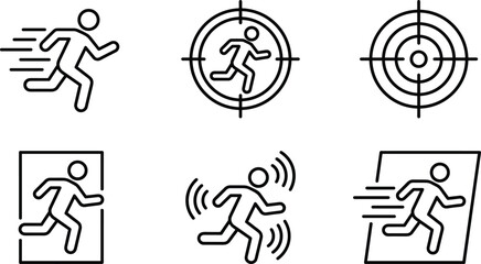 Running icon set, motion tracking symbols, speed graphics, athlete visuals, dynamic movement tools, black design, sport activity elements