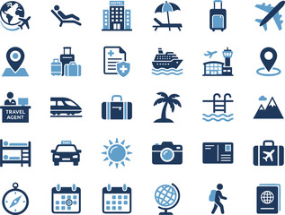 Travel icon set, tourism symbols, vacation graphics, transportation visuals, hotel and passport, blue theme, global journey, trip planner