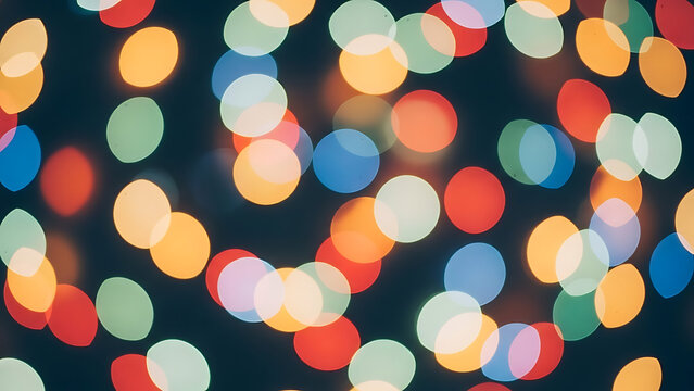 Festive multicolored bokeh background texture of shimmering holiday lights on a dark night.
