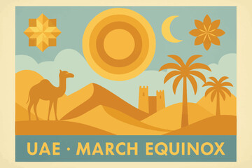 Geometric UAE March Equinox illustration with stylized desert sun shapes and simplified seasonal composition