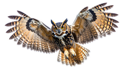 Majestic owl flying with wings spread wide, captured mid-air in sharp detail, showcasing wildlife beauty, freedom, and natural movement in a dramatic outdoor scene.