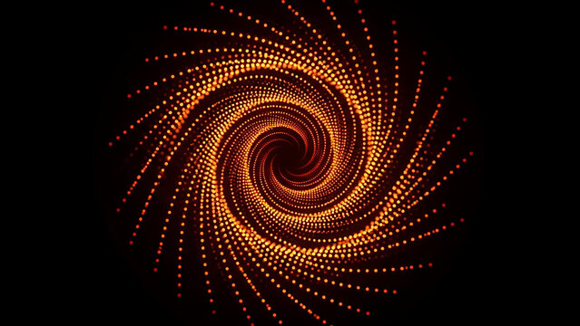 Abstract glowing spiral vortex tunnel made of digital dots on a dark background showing energy flow
