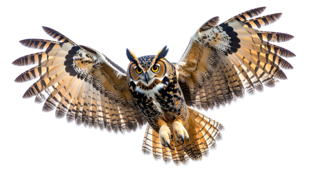 Majestic owl flying with wings spread wide, captured mid-air in sharp detail, showcasing wildlife beauty, freedom, and natural movement in a dramatic outdoor scene.