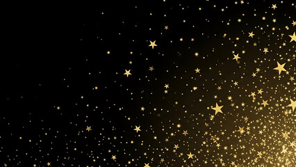 Abstract luxury golden stars falling on black background. Dark festive overlay texture for celebration and holiday designs.