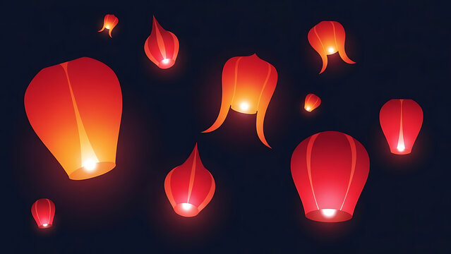Glowing red and orange traditional Chinese sky lanterns floating up into the dark night sky vector illustration. - Powered by Adobe