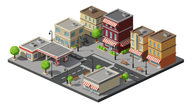 Isometric illustration of a small town with various buildings, including shops, houses, and a gas station, a creative concept