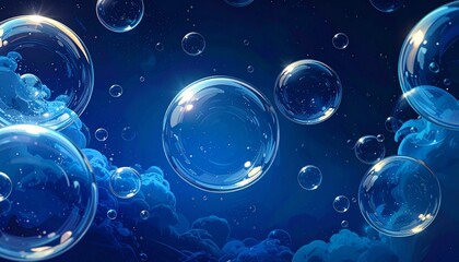 Dark blue background filled with numerous transparent floating bubbles, soft lighting, dreamy and elegant style