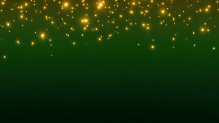 Luxurious green and gold sparkling glitter background with falling bokeh lights and abstract festive gradient.