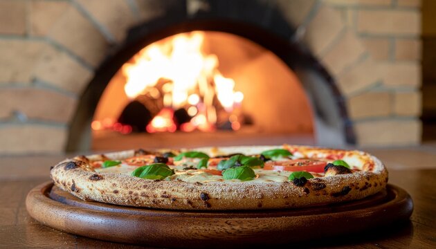 Authentic wood-fired Neapolitan pizza, freshly baked to perfection on a rustic wooden board, with a traditional brick oven glowing in the background, highlighting a classic culinary experience