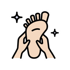 Reflexology foot massage by hand fingers. Arthritis foot care or leg therapy symbol. Toe spa reflex treatment. Foot care color icon.