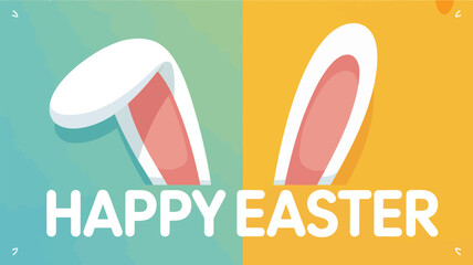 Happy easter greeting with cute bunny ears on a split background of teal and orange colors