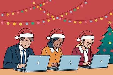 Elegant Team Wearing Santa Hats Working Lapt High-Quality Stock Image