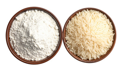 Close-up of rice grains and fine rice flour on a clean surface, highlighting natural ingredients, gluten-free food, and essential staples for cooking and baking.