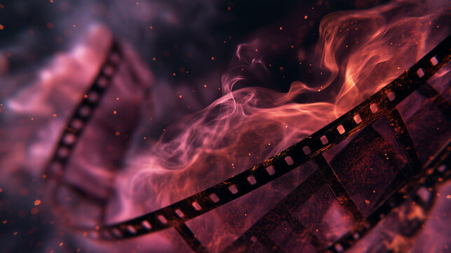 Film strips immersed in smoke with floating particles, ideal for cinematic designs, film promotions, and creative storytelling projects.