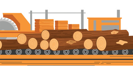 Modern sawmill cutting logs into lumber with conveyor belt, ideal for sustainable forestry or woodworking industry advertisements