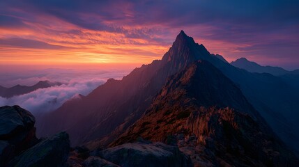 majestic mountain ridge at sunset offers a panoramic view above clouds with vibrant gradients of orange and purple in the deep blue sky.