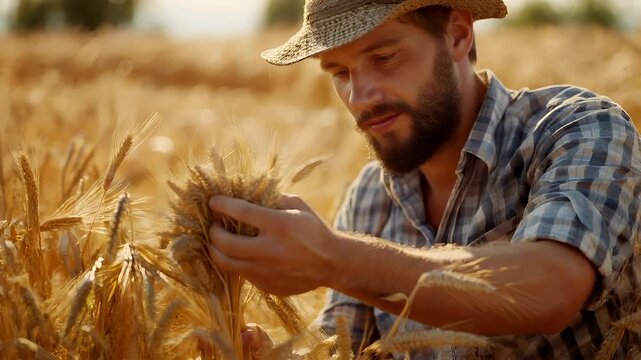 A man in a straw hat and checkered shirt is examining wheat in a wheat field during the golden hour.