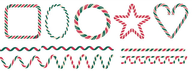 Candy cane shape frames, retro red and green striped lollipop borders in rectangle, star, and heart designs, perfect for holiday templates, winter graphics, decorative stationery, and playful seasonal