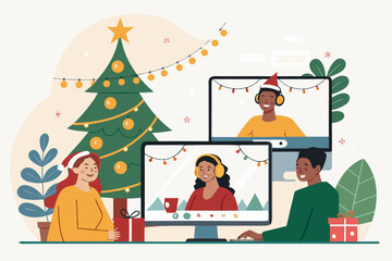 Coworkers Doing Remote Video Call Christmas Celeb Professional Photo Perfect for Editorial Content