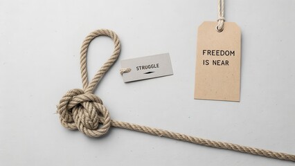 Rope with a knot and tags symbolizing freedom
