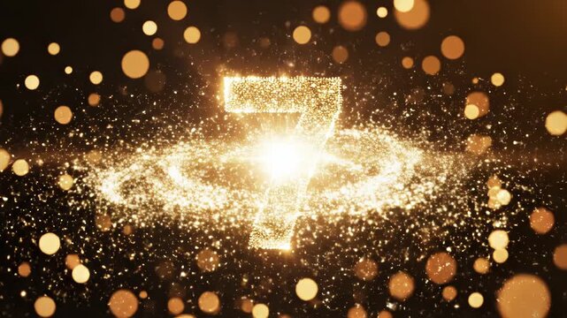 Golden number seven made of sparkling glitter particles with abstract bokeh light effect on dark background