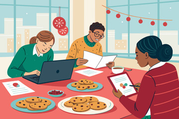 Coworkers Preparing Year End Report While Eating Professional Photo Suitable for Design