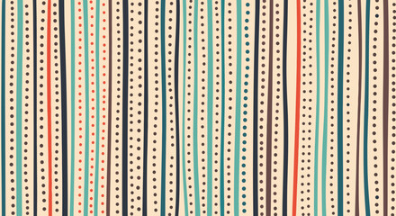 Hand-drawn seamless pattern of vertical stripes and dots in a rustic, earthy color palette, creating a textured bohemian background.