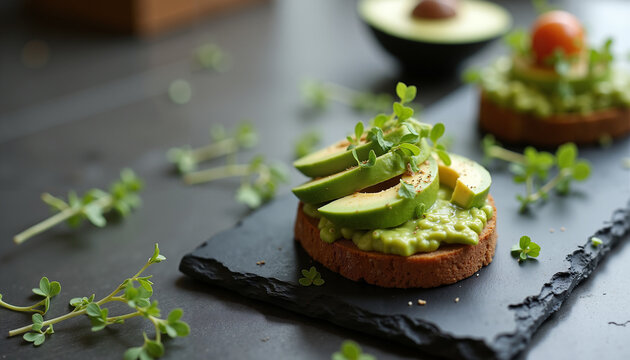 Avocado toast with fresh herbs on black slate board  