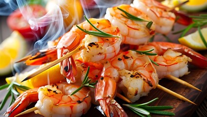 Grilled shrimp skewers with smoke, fresh rosemary, and lemon on a wooden board. Delicious seafood barbecue. Healthy gourmet appetizer.