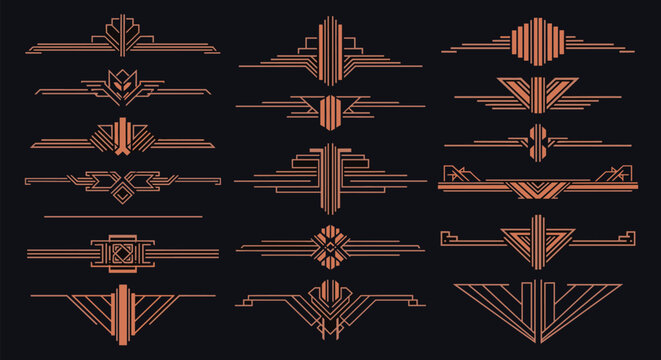 Luxurious collection of Art Deco dividers and page ornaments in a rich copper tone, set against a dark navy background.