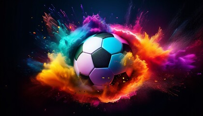 Naklejka premium football in explosion of colored neon powder isolated on black background generative ai