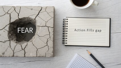 Stone block with dark hole and Action fills text on notebook