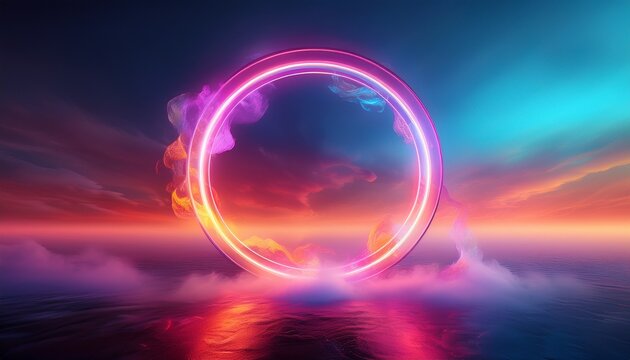 neon circle with colorful smoke at dawn vibrant light art atmospheric background