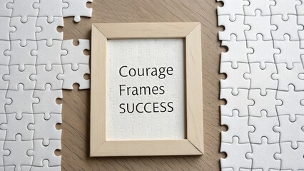 The framed message Courage Frames Success surrounded by puzzles