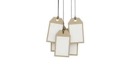 A cluster of empty craft paper labels dangling by threads, perfect for custom price information or personal messages