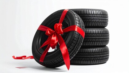 Stack of black car tires with red ribbon
