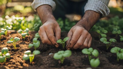 Close-up of hands planting young seedlings in fertile soil, gardening concept symbolizing growth, sustainability, and environmental care