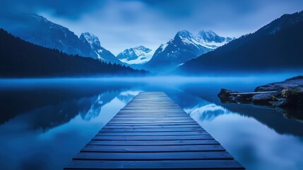 Wooden pier extending into a misty mountain lake at twilight