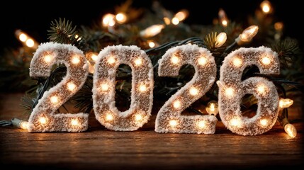 The festive numbers 2026 in the snow, decorated with a garland of bright lights and fir branches. A Happy New Year greeting card background.