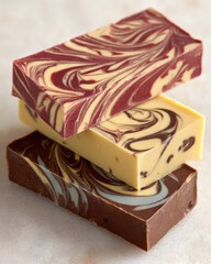 Three chocolate bars with swirled patterns and visible marbling