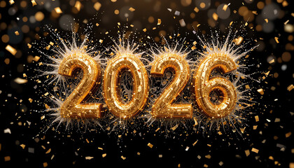 Luxury black and gold celebration scene, champagne splash, confetti flying, bold 3D