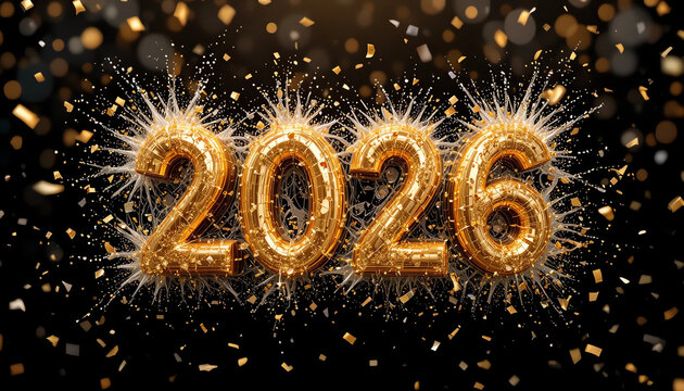 Luxury black and gold celebration scene, champagne splash, confetti flying, bold 3D