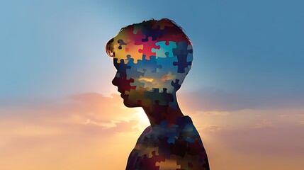 A human head silhouette filled with colorful jigsaw puzzle pieces at sunset
