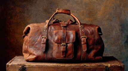 Weathered Leather Travel Satchel Showing Texture and Design Details
