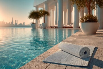 luxury hotel pool yoga setup. Generative AI