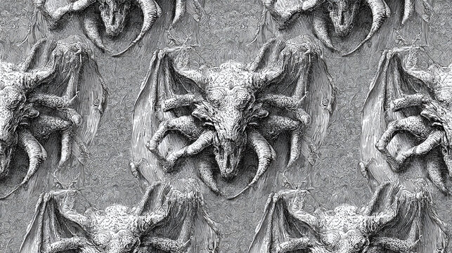 Close-up of gothic gargoyles with a weathered stone texture, evoking a sense of ancient history and mystery. The gargoyles have menacing expressions and detailed features. 