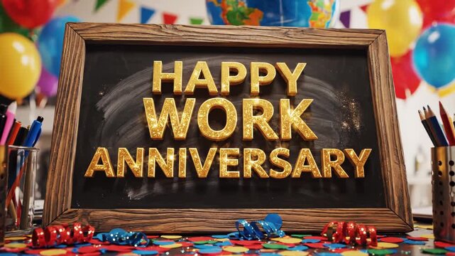 Happy work anniversary celebration with golden glitter text on a chalkboard surrounded by colorful confetti, balloons, and office supplies
