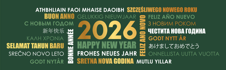 2026 happy new year greeting card with text in different languages vector illustration