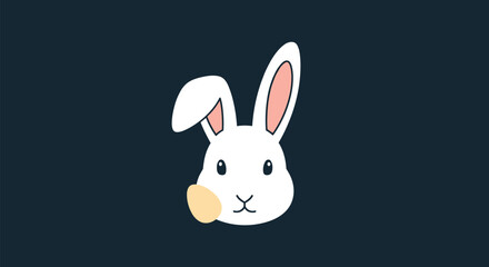 Fototapeta premium Simple and cute Easter bunny illustration, showing a white rabbit's head holding an egg, on a solid dark blue background.